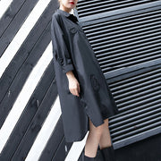 Neues schwarzes Kniekleid aus Baumwolle plus Größenkleidung aus Baumwolle Maxikleid Damen Reverskragen asymmetrische Baumwollkleider