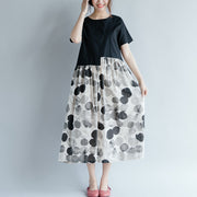 New black cotton linen dresses plus size clothing short sleeve print patchwork elegant o neck gown