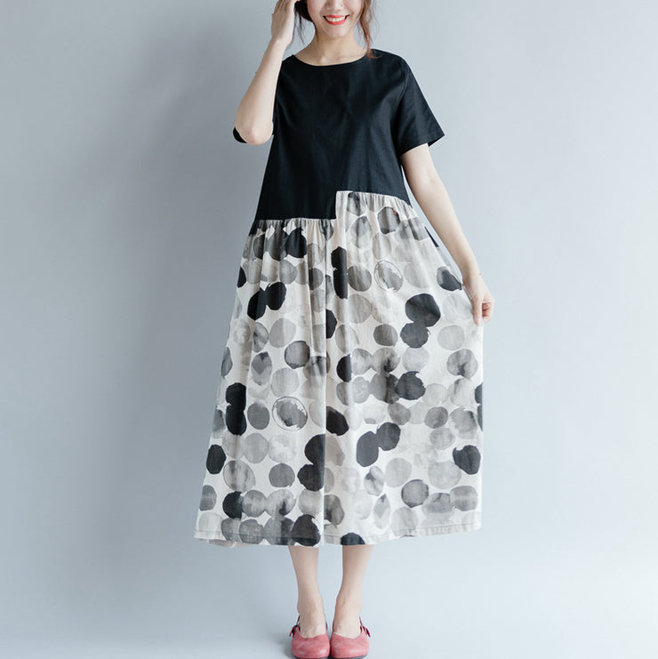 Neue schwarze Baumwoll-Leinen-Kleider in Übergröße mit Kurzarm-Patchwork-Print, elegantes Kleid mit O-Ausschnitt