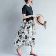 Neue schwarze Baumwoll-Leinen-Kleider in Übergröße mit Kurzarm-Patchwork-Print, elegantes Kleid mit O-Ausschnitt