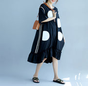 New black dotted cotton dresses plus size cotton clothing dresses vintage ruffles hem short sleeve cotton clothing dress