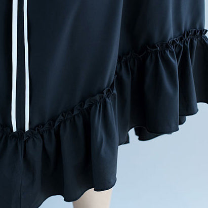 New black dotted cotton dresses plus size cotton clothing dresses vintage ruffles hem short sleeve cotton clothing dress