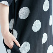 Neue schwarz gepunktete Baumwoll-Leinen-Kleider plus Größenkleidung O-Halstaschen Baumwoll-Leinen-Kleidung Kleid 2018 Patchwork-Maxikleider mit halben Ärmeln