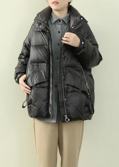 New black down jacket woman trendy plus size winter jacket stand collar zippered overcoat - SooLinen