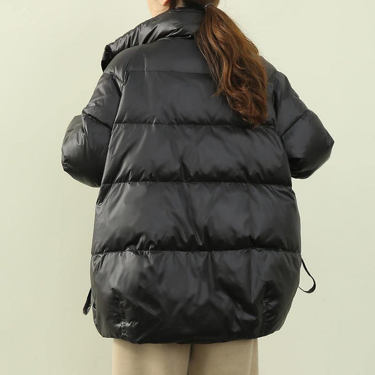 New black down jacket woman trendy plus size winter jacket stand collar zippered overcoat - SooLinen