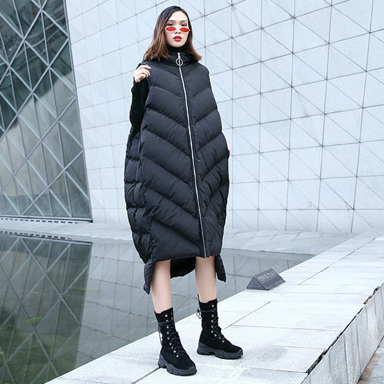 New black down tops trendy plus size hooded zippered down jacket Casual Sleeveless trench tops