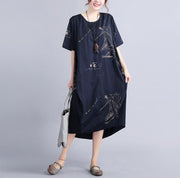New Black Linen Knee Dress Oversized Linen Clothing Dress 2024 Short Sleeve Prints Linen Cotton Dress