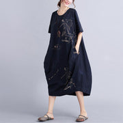 New Black Linen Knee Dress Oversized Linen Clothing Dress 2024 Short Sleeve Prints Linen Cotton Dress