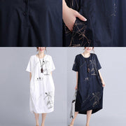 New Black Linen Knee Dress Oversized Linen Clothing Dress 2021 Short Sleeve Prints Linen Cotton Dress