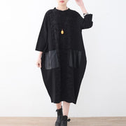Neues schwarzes Kleid aus Naturleinen übergroße Patchwork-Kaftane Neue Maxikleider mit Taschen