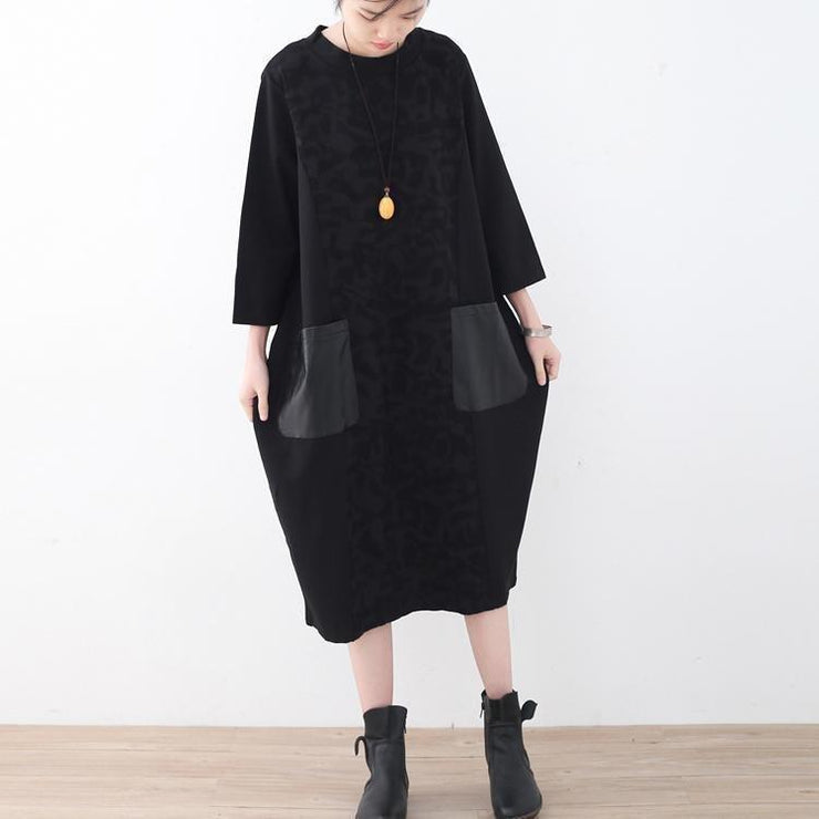 New black natural linen dress oversized patchwork caftans New pockets maxi dresses