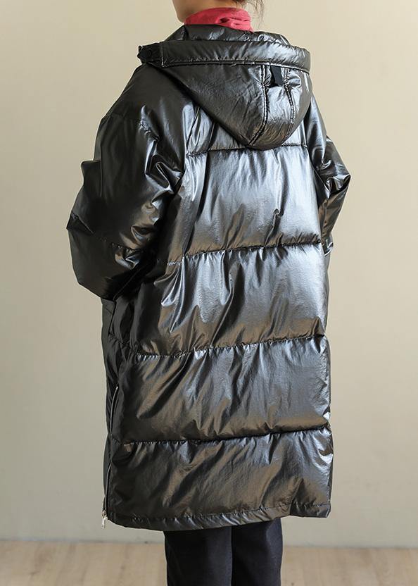 New black overcoat oversize snow jackets hooded zippered coats - SooLinen