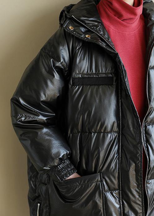 New black overcoat oversize snow jackets hooded zippered coats - SooLinen