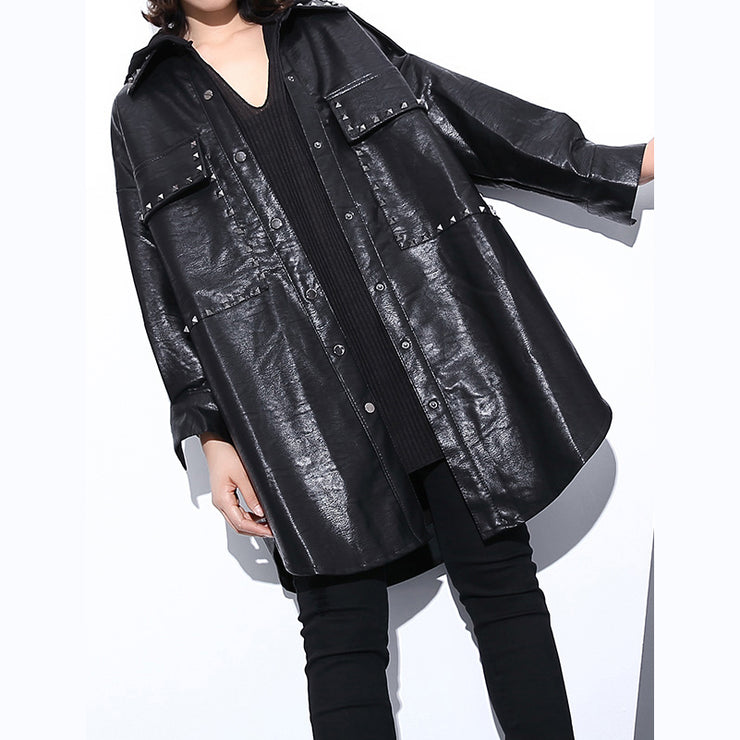 New black pu blouse oversize lapel collar pockets t shirt Elegant long sleeve Rivet pu coat