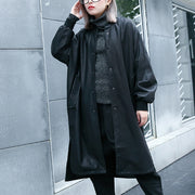 New black pu plus size clothing stand collar holiday tops fine side open pockets linen pu coat