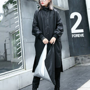 Neue schwarze PU-Kleidung in Übergröße mit Stehkragen und feinen seitlichen offenen Taschen aus Leinen-Pu-Mantel