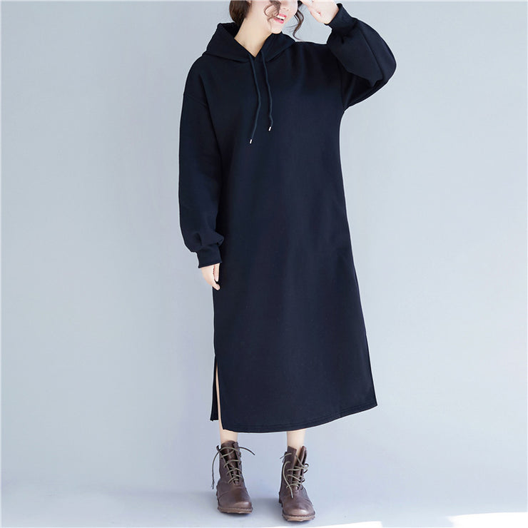 New black spring dress plus size gown hooded side open drawstring cotton clothing dress