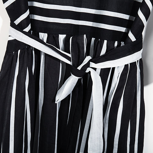 New black white striped natural linen dress Loose fitting tie waist traveling clothing Elegant bracelet sleeved gown
