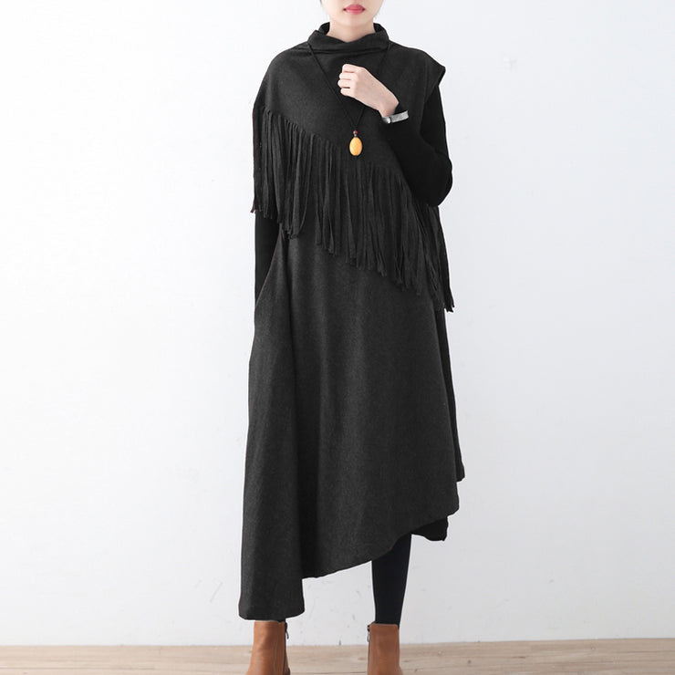 New black wool dress casual tassel winter dress Elegant asymmetric hem winter dress