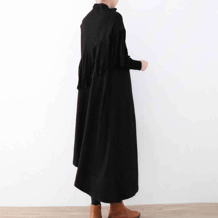 New black wool dress casual tassel winter dress Elegant asymmetric hem winter dress