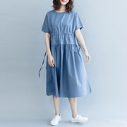 Neue blaue Baumwollkleider übergroße Kaftane mit Kordelzug und O-Ausschnitt Feine Kurzarm-Baggy-Kleider