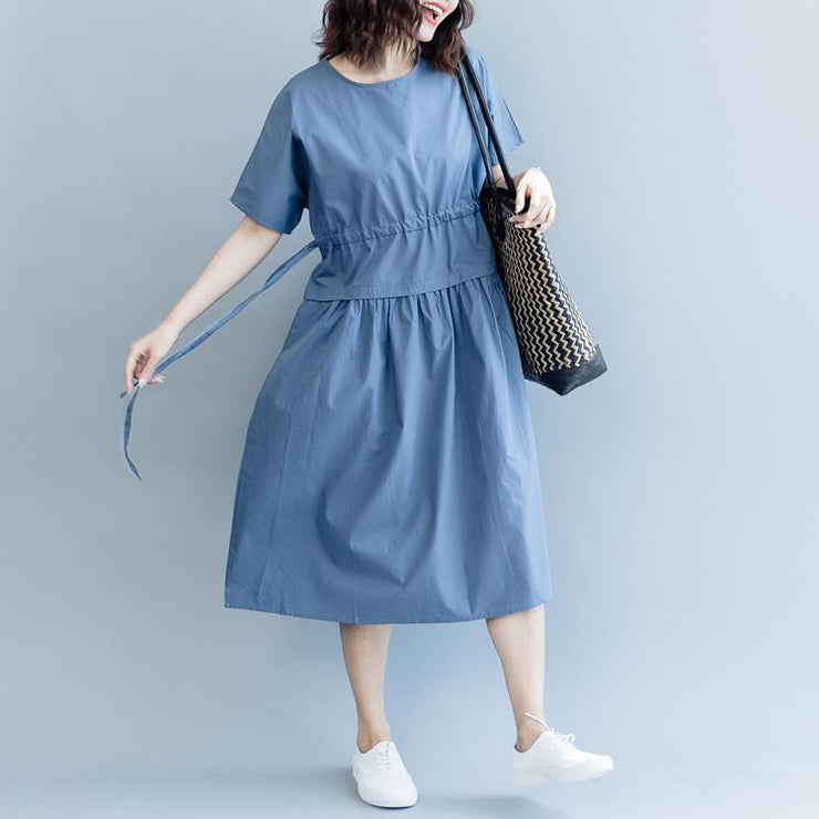 New blue cotton dresses oversize o neck drawstring caftans Fine short sleeve baggy dresses
