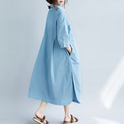 New blue cotton dresses plus size Turn-down Collar pockets side open New Three Quarter sleeve cotton dresses