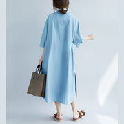 New blue cotton dresses plus size Turn-down Collar pockets side open New Three Quarter sleeve cotton dresses