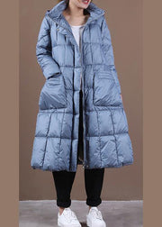 New blue down coat winter casual down jacket hooded zippered Casual outwear - SooLinen