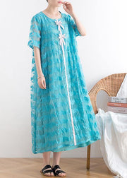 New blue lace embroidery organza heavy industry retro exquisite loose dress - SooLinen