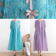 New blue lace embroidery organza heavy industry retro exquisite loose dress - SooLinen