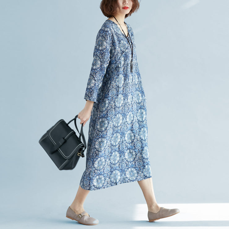Neues blaues langes Leinenkleid plus Größenkleidung V-Ausschnitt Baggy-Kleider Reisekleidung Vintage Langarm-Taschenkleider