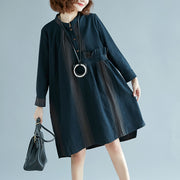 Neues blau gestreiftes Baumwoll-Leinen-Kleid, modisch, plus Größe, lässige, langärmlige Baggy-Kleider. Seitlich offenes Leinen-Baumwollkleid
