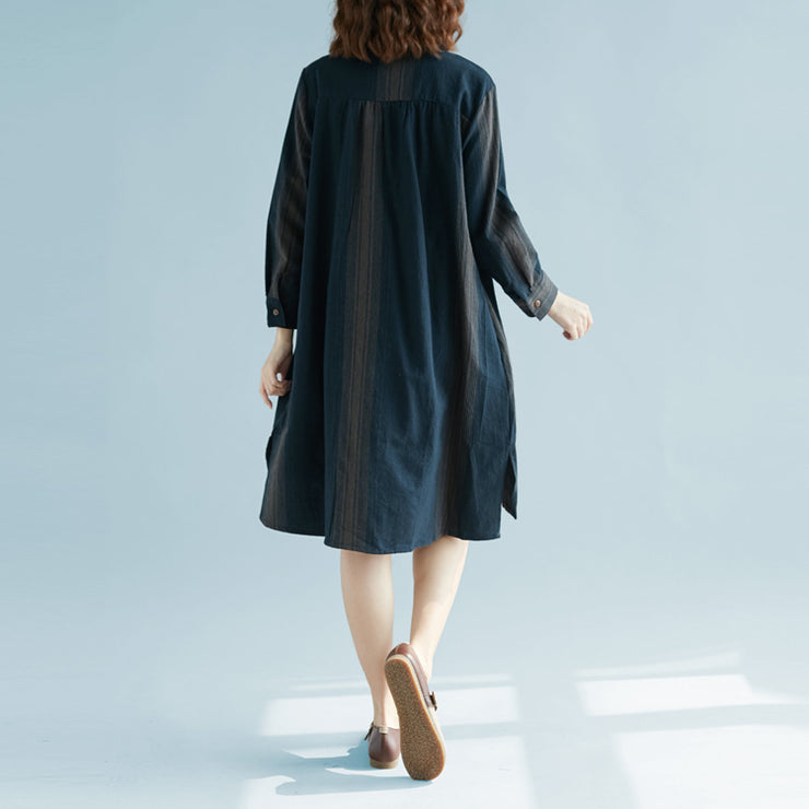 New blue striped cotton linen dress trendy plus size casual long sleeve baggy dresses Stand side open linen cotton dress