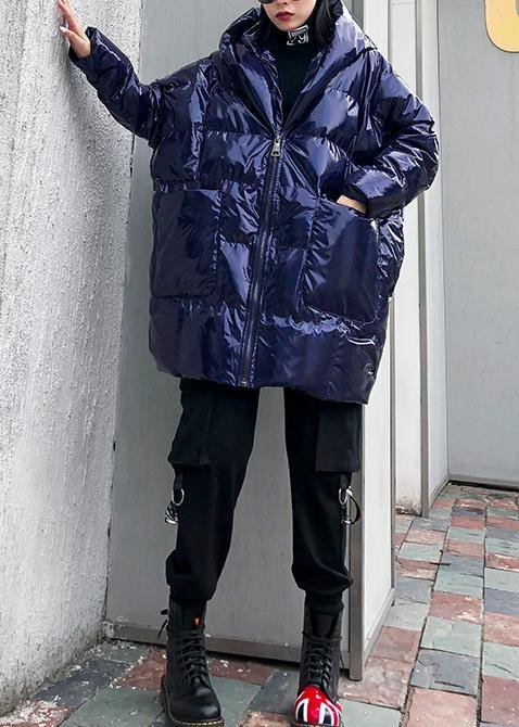 New blue womens parkas casual Coats winter hooded zippered outwear - SooLinen