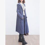 Neuer blauer Wollmantel plus Größenkleidung Trenchcoat mit großen Taschen und Kapuzenoberbekleidung