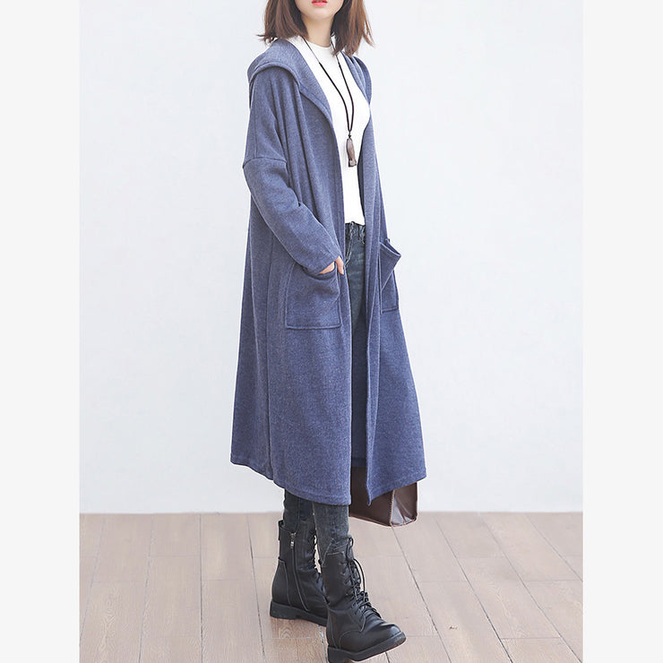 Neuer blauer Wollmantel plus Größenkleidung Trenchcoat mit großen Taschen und Kapuzenoberbekleidung