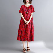 New burgundy print cotton linen dresses casual short sleeve maxi dress vintage o neck caftans