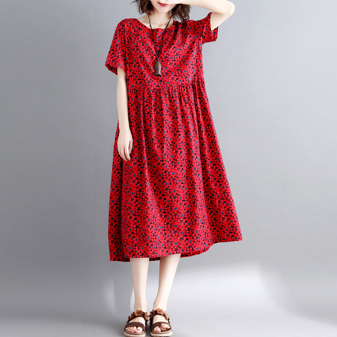 New burgundy print cotton linen dresses casual short sleeve maxi dress vintage o neck caftans