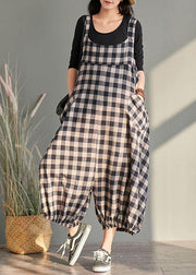 New cage pants casual plaid jumpsuit cotton and linen overalls women - SooLinen