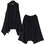 New casual ladies black vest with cotton wide-leg pants two-piece suit - SooLinen