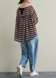 New casual suit female loose large size red and blue striped T-shirt Tencel blue jeans two-piece suit - SooLinen