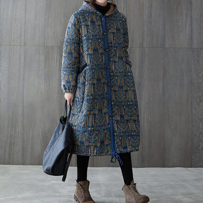 New casual winter jacket winter outwear blue print hooded drawstring coat - SooLinen