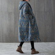 New casual winter jacket winter outwear blue print hooded drawstring coat - SooLinen