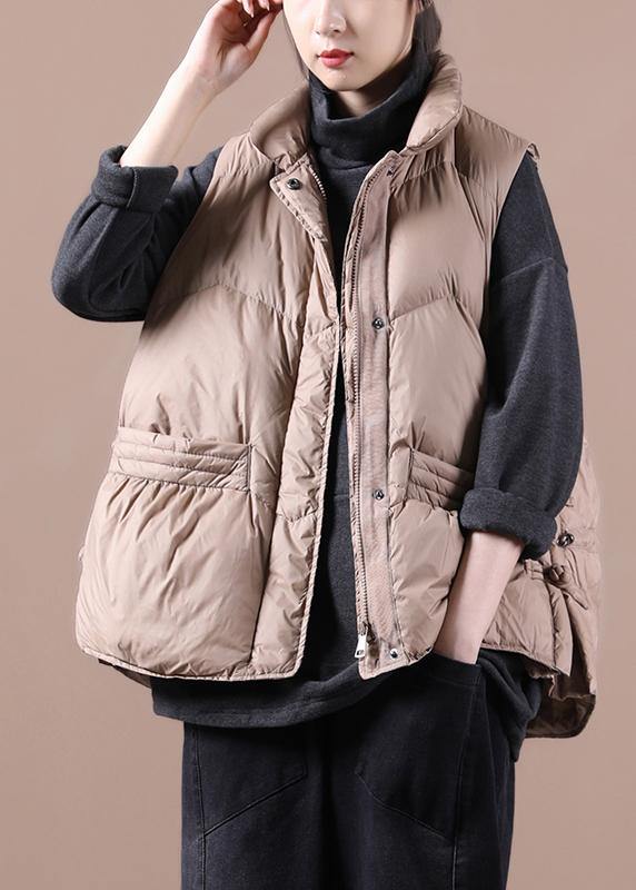 New casual womens parka coats khaki stand collar zippered down jacket - SooLinen