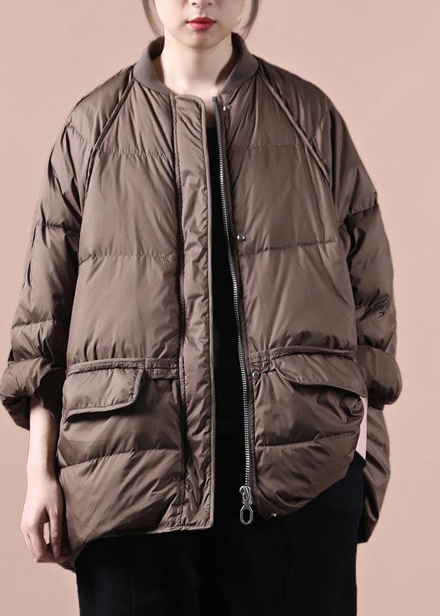New chocolate down jacket woman oversize snow pockets zippered  coats - SooLinen