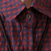 New cotton blended blouse casual Loose Casual Plaid Single Breasted Women Red Shirt