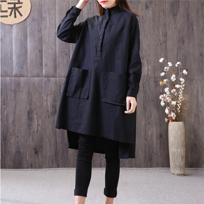 New cotton linen blouse Loose fitting Loose Irregular Stand Collar Long Sleeve Black Shirt