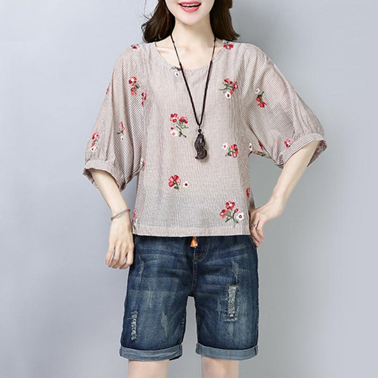 New cotton tops plus size clothing Casual Stripe Floral Printing Short Sleeve Pullover Blouse