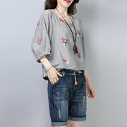 New cotton tops plus size clothing Casual Stripe Floral Printing Short Sleeve Pullover Blouse
